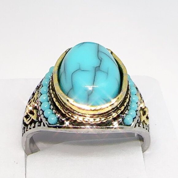 Mens Turquoise Ring Gold and Silver Accents Size 10 - Picture 3 of 8